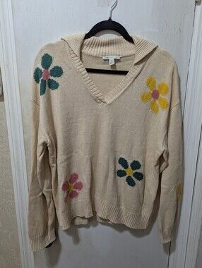 Cato Large Cream Floral V-Neck Long Sleeve Pullover Sweater